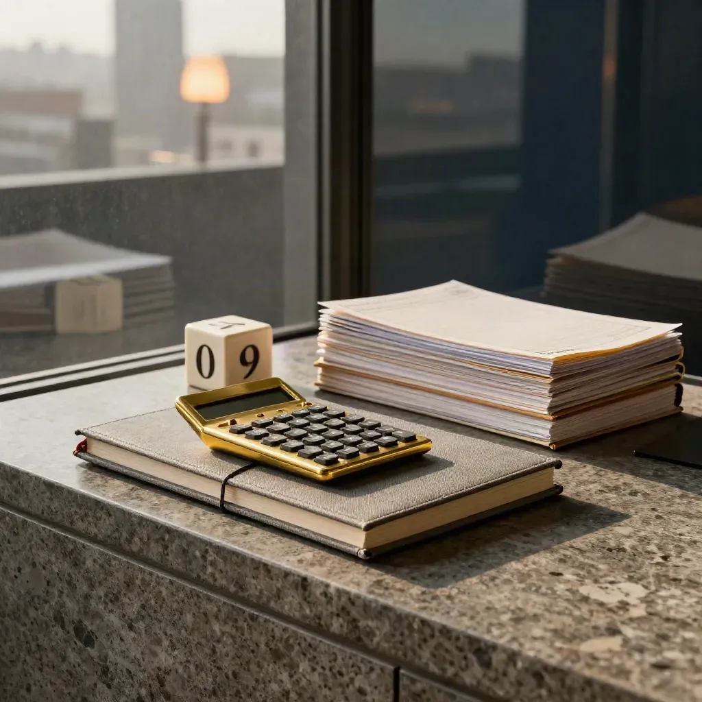 Stone console with ledger, brass calculator, file dividers and date cube in a warm office corner.