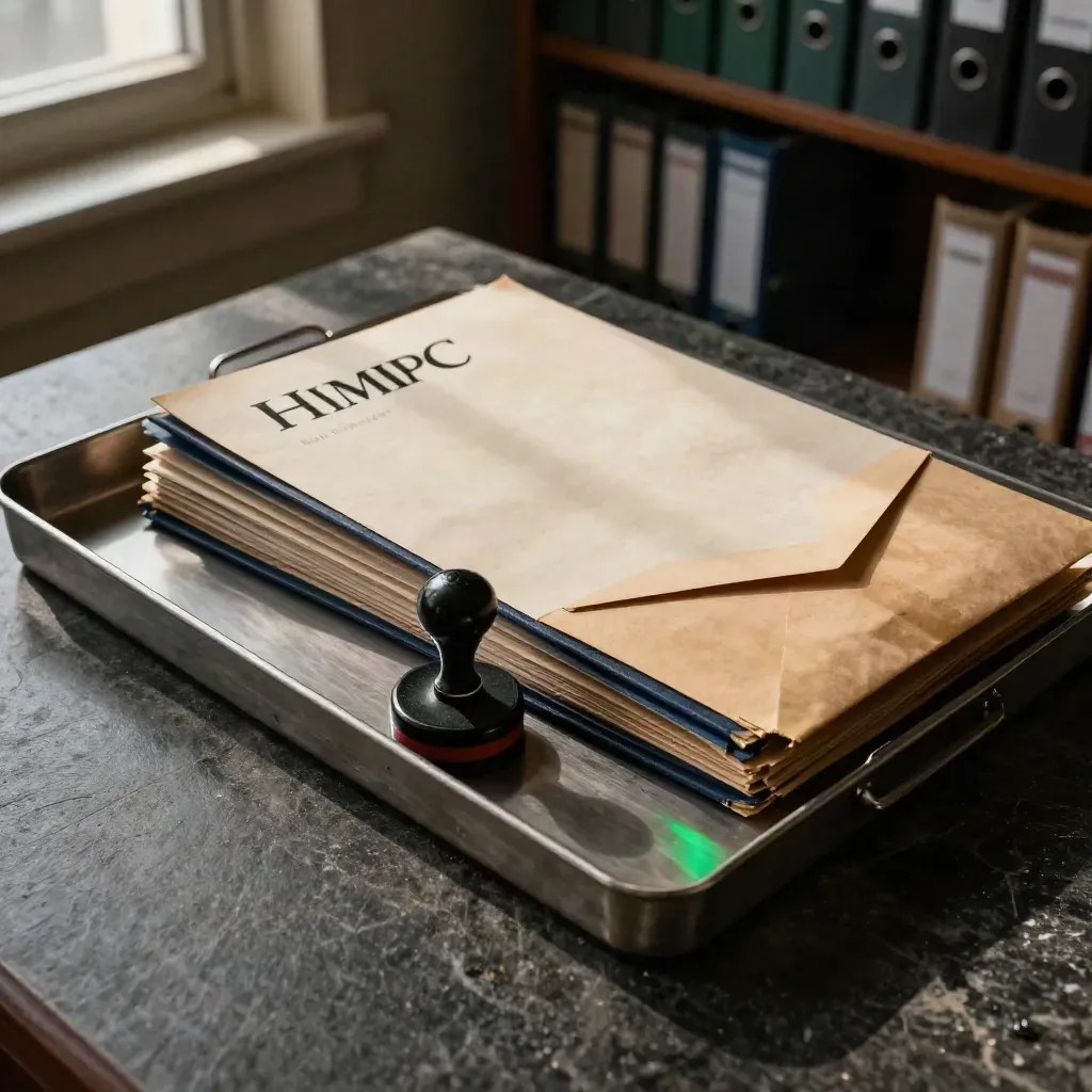 Closed HMRC file, stamp, tray and sealed envelope on dark stone in dramatic archive light.