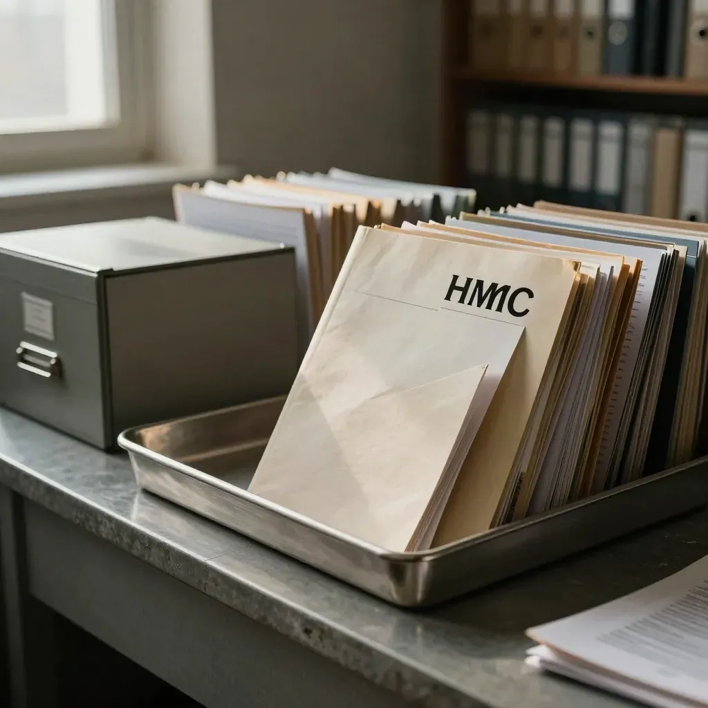 Archive tray with closed HMRC case files in a quiet tax office records room
