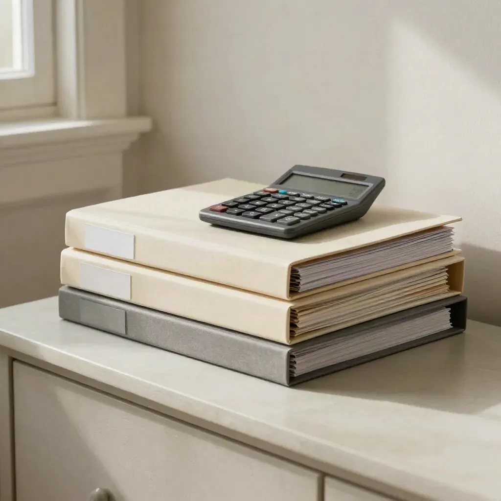 Folders, calculator, and index tabs on a pale plaster sideboard in soft side light.